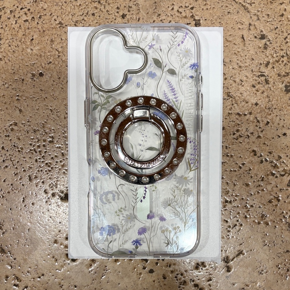 Clear Floral Phone Case with Rhinestone Ring Holder - Purple Accent. iPhone 17